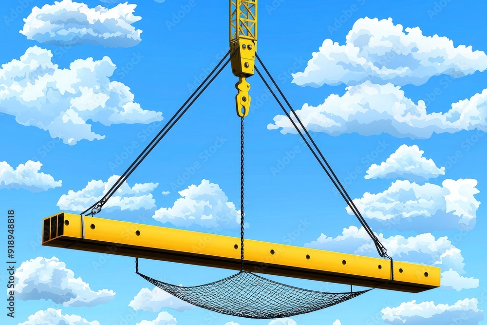 Crane Lifting Steel Beam Against a Blue Sky with Clouds Crane Lifting Steel Beam Against a Blue Sky with Clouds