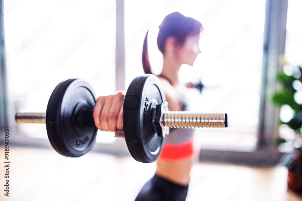 Beautiful redhead woman's home workout routine with dumbbell. Home fitness workout in living room, sporty woman wearing sportswear. Beautiful redhead woman's home workout routine with dumbbell. Home fitness workout in living room, sporty woman wearing sportswear.