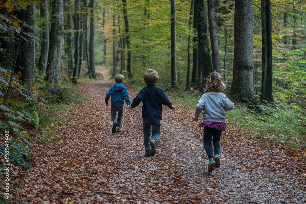 Kids running up in the forest, Generative AI Kids running up in the forest, Generative AI