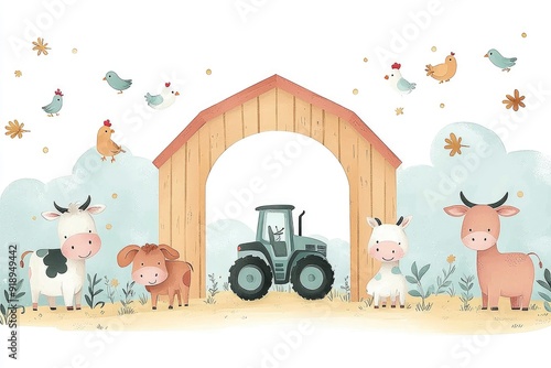 Cute Cartoon Farm Animals with a Tractor and Barn
