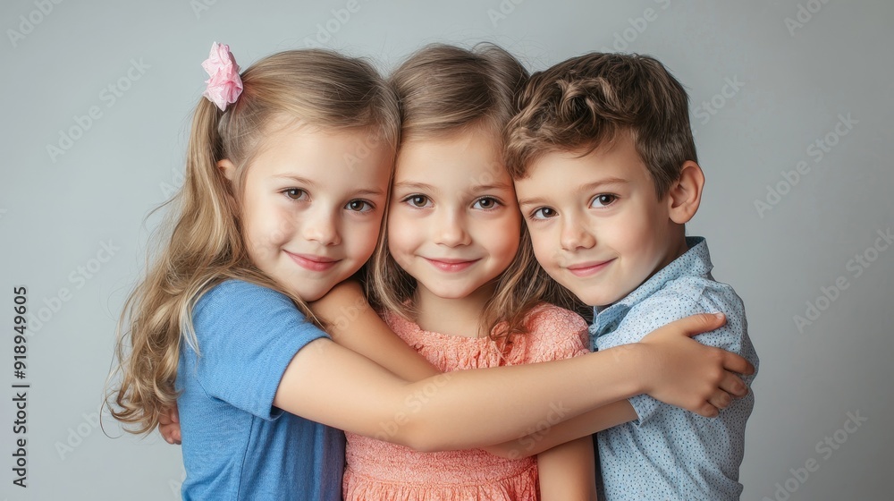 Studio portrait of children on a light background: full body shot of three children in bright clothes, two girls and one boy. Triplets, brother and sisters. hugging on camera. Family, Generative AI Studio portrait of children on a light background: full body shot of three children in bright clothes, two girls and one boy. Triplets, brother and sisters. hugging on camera. Family, Generative AI