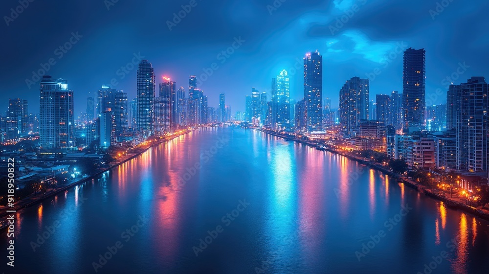 A cityscape at night, with sparkling lights reflecting in a calm river. A cityscape at night, with sparkling lights reflecting in a calm river.