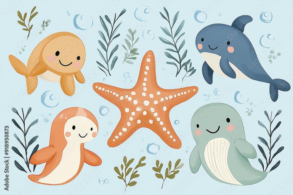 Cute Cartoon Sea Life with Starfish on Blue Background Cute Cartoon Sea Life with Starfish on Blue Background