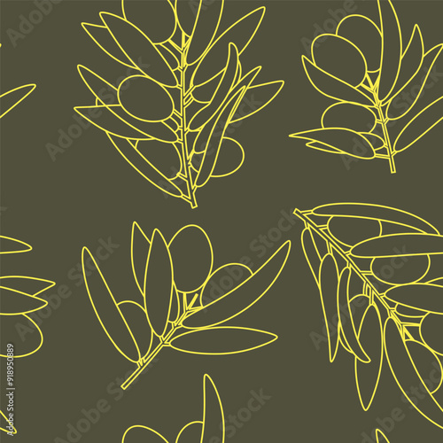 Seamless pattern olives branch background line art