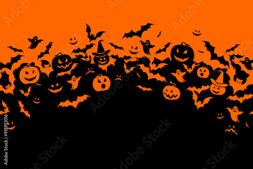 Halloween banner with black bats, pumpkins and ghosts on the orange background. Illustration with text.
