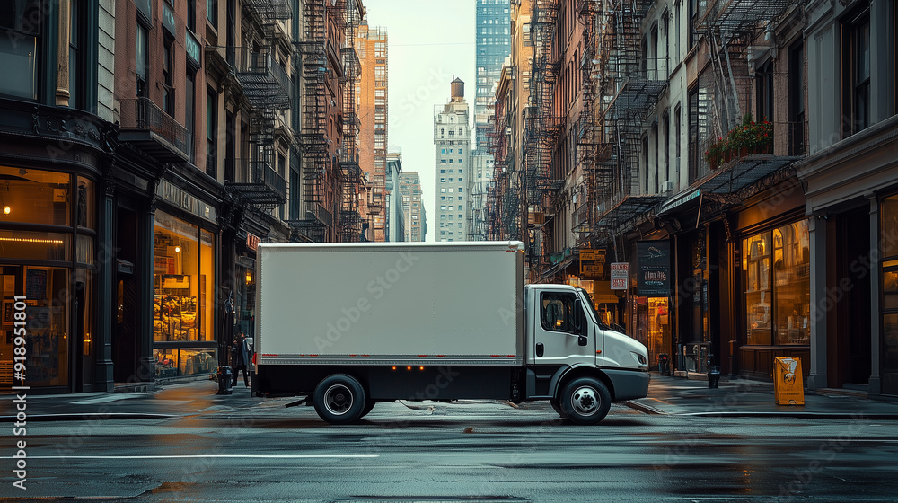 White delivery truck in a city street. White delivery truck in a city street.
