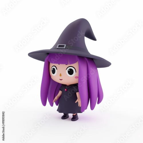 Cute witch character in a hat with purple hair in 3d style on a white background 