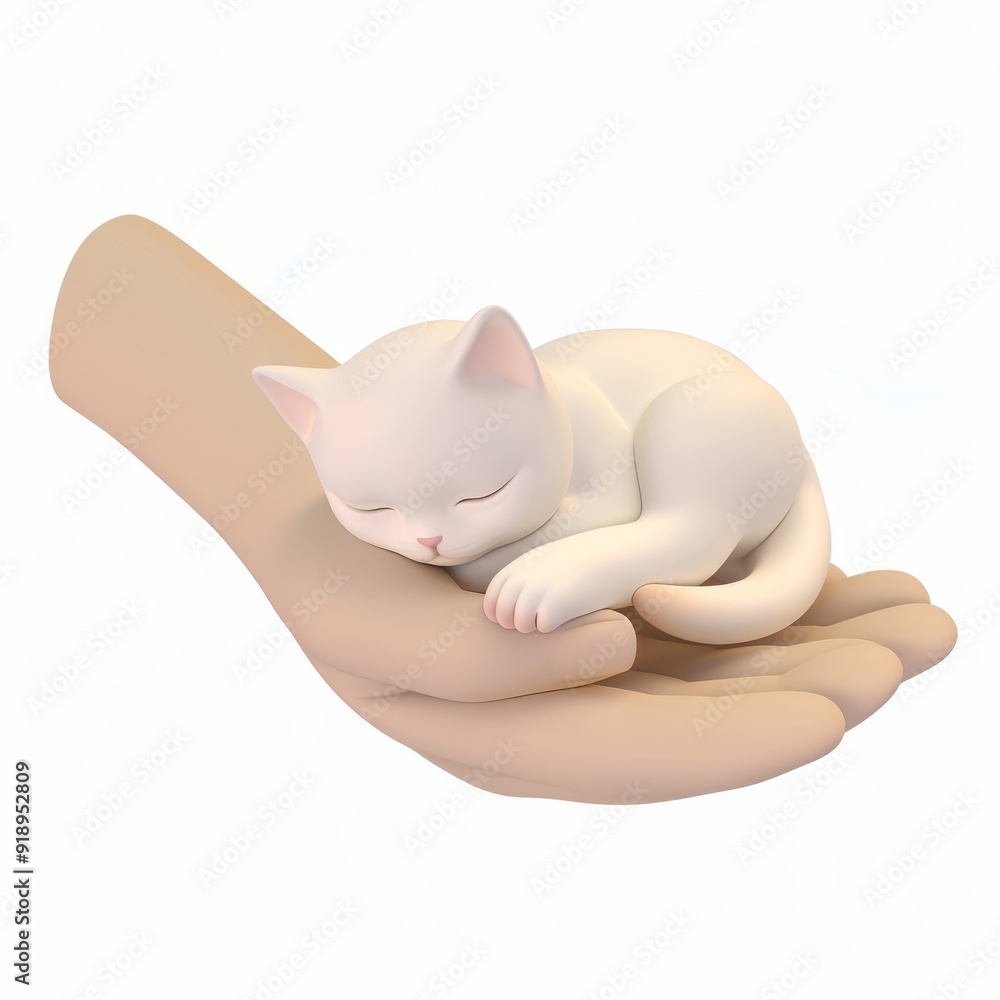 Funny character little kitten sleeping on his hand in 3D style on a white background.
