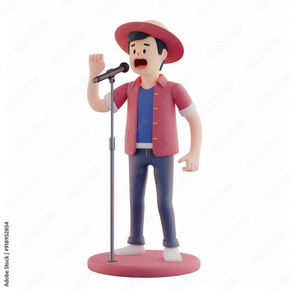 Funny character man sings into a microphone in 3D style on a white background.
Funny character man sings into a microphone in 3D style on a white background.