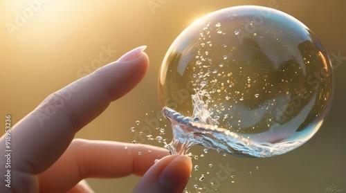 Fingers of hand try to touch the water bubble to blast it