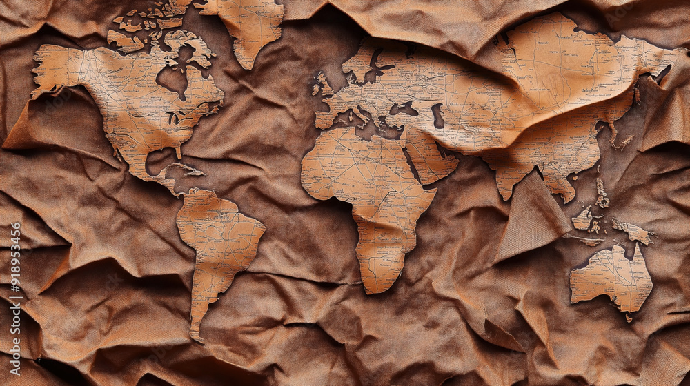 Antique-style world map illustration on a crumpled fabric background, featuring the continents with a distressed, vintage aesthetic. Antique-style world map illustration on a crumpled fabric background, featuring the continents with a distressed, vintage aesthetic.