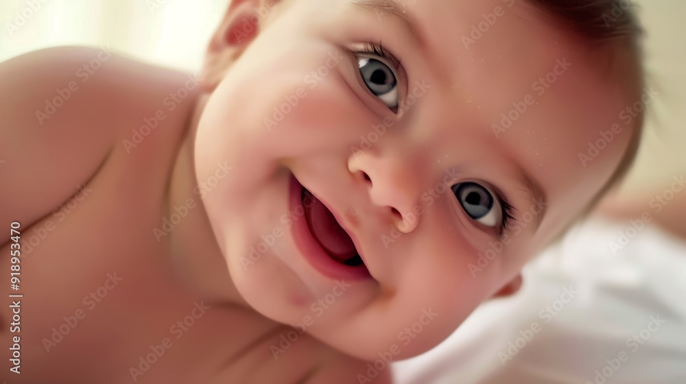 Newborn baby looking at the camera and smiling
Newborn baby looking at the camera and smiling