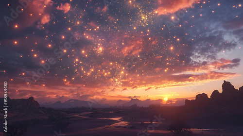 Fantasy sunset scene with stars and a river over a silohette mountain range of pinks and yellows photo