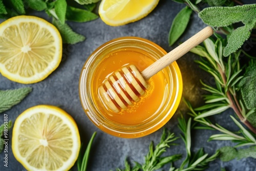 Honey Jar with Lemon Slices and Fresh Herbs