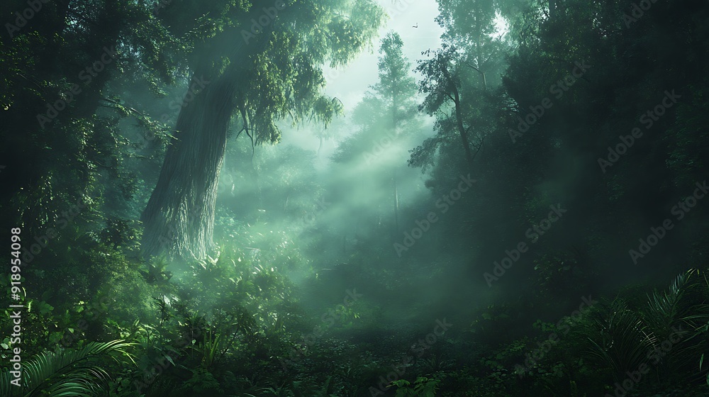 Obraz premium Golden sunbeams pierce through emerald canopy, creating ethereal dance of light and shadow