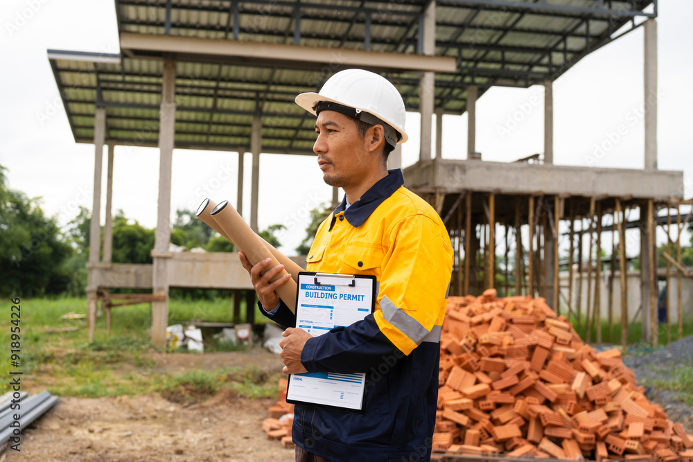 A male architect wearing a hard hat and safety vest checks his laptop while holding a clipboard with house plan papers. He reviews blueprints, construction documents,house structure details on-site. A male architect wearing a hard hat and safety vest checks his laptop while holding a clipboard with house plan papers. He reviews blueprints, construction documents,house structure details on-site.