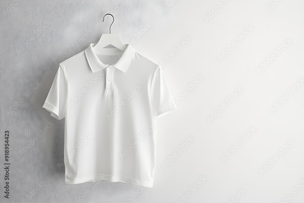 White polo shirt hanging on white hanger against plain wall. Minimalist display emphasizing simplicity and elegance of clothing White polo shirt hanging on white hanger against plain wall. Minimalist display emphasizing simplicity and elegance of clothing