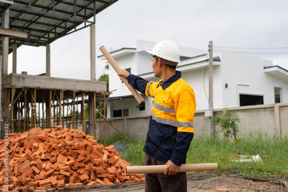 A male architect wearing a hard hat and safety vest checks his laptop while holding a clipboard with house plan papers. He reviews blueprints, construction documents,house structure details on-site. A male architect wearing a hard hat and safety vest checks his laptop while holding a clipboard with house plan papers. He reviews blueprints, construction documents,house structure details on-site.