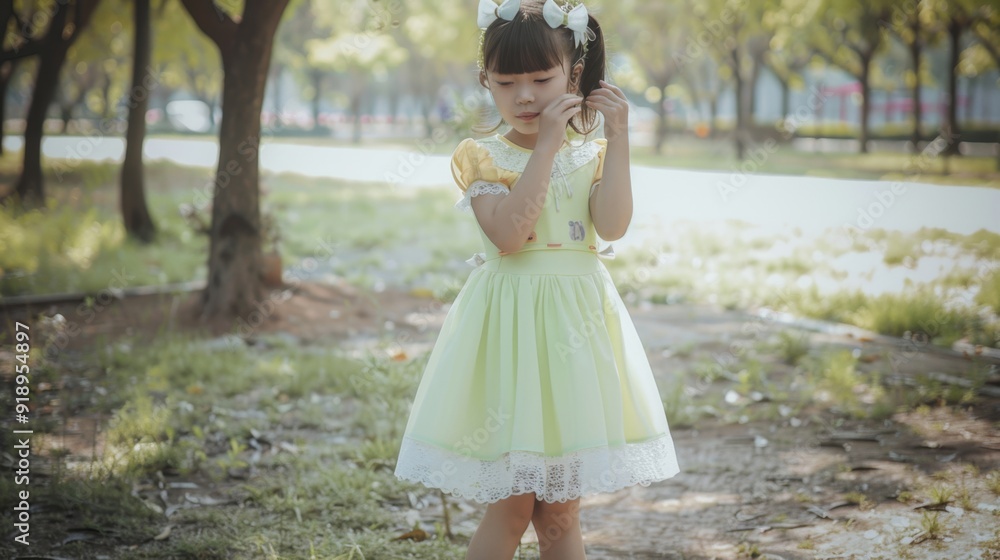 Little girl in a green dress walks in the park
Little girl in a green dress walks in the park