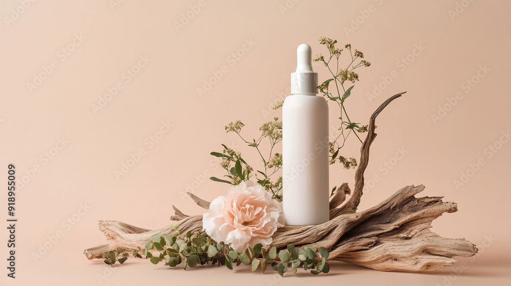 A bottle of white skincare product with plain no label. For advertisement, product display.