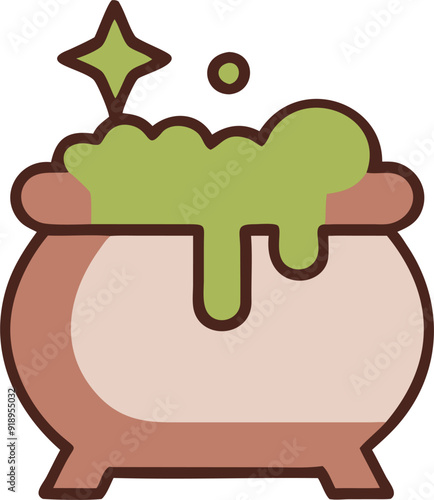 a detailed vector image of a bubbling cauldron with green, glowing potion spilling over the