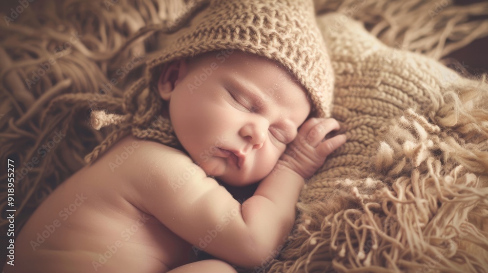Newborn baby in a knitted hat sleeps on the bed
Newborn baby in a knitted hat sleeps on the bed