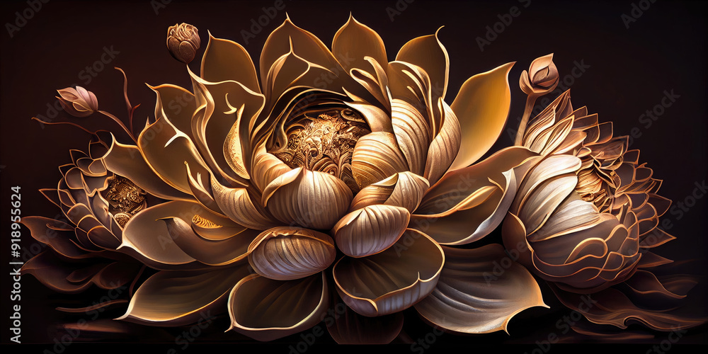 Luxurious 3D Golden Lotus Flower Design for Thai Spa – Exquisite Blend of Traditional Thai Elements and Elegant Golden Imagery for a Relaxing Spa Experience Luxurious 3D Golden Lotus Flower Design for Thai Spa – Exquisite Blend of Traditional Thai Elements and Elegant Golden Imagery for a Relaxing Spa Experience