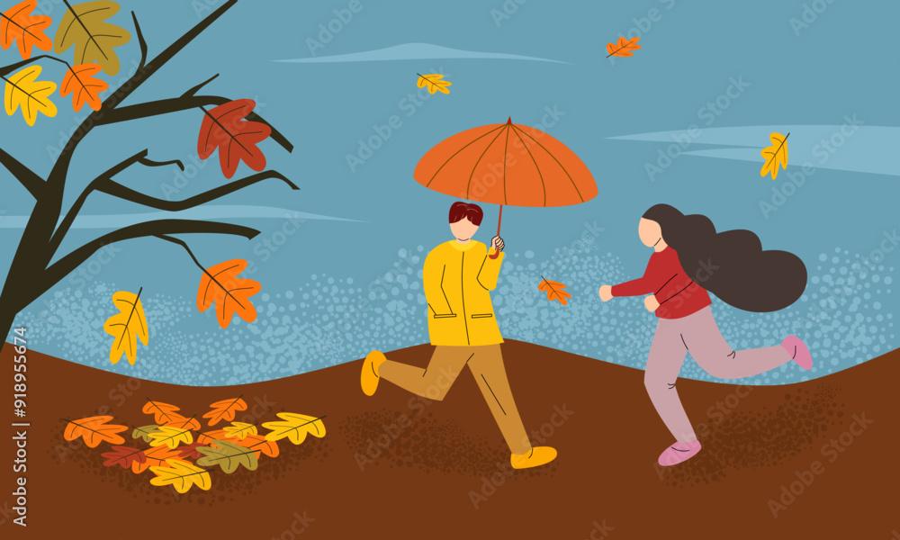 People in the autumn landscape. Fall forest landscape with happy men and women holding umbrella. Romantic autumn scenery. People in the autumn landscape. Fall forest landscape with happy men and women holding umbrella. Romantic autumn scenery.