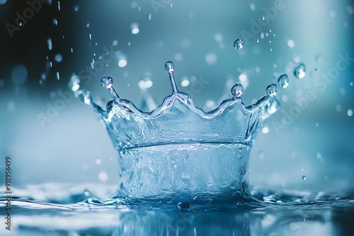 Close-up water crown splashing in fountain with blurred background in calming blue tones, perfect for background and illustration designs