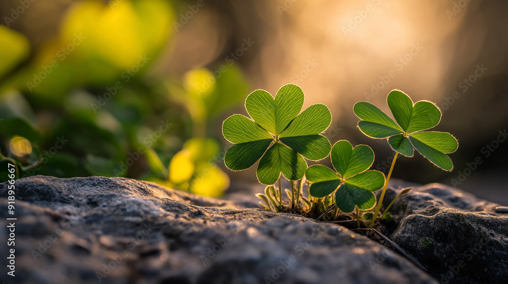 Close-up clover image with different lighting and background details, creating a peaceful and natural atmosphere. Close-up clover image with different lighting and background details, creating a peaceful and natural atmosphere.