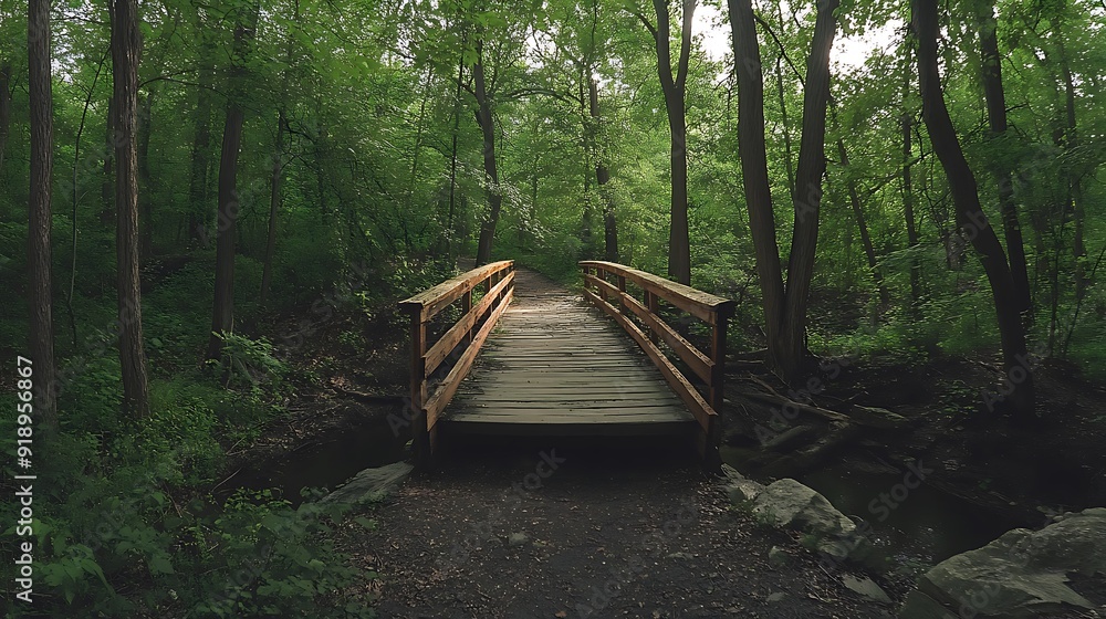 Rustic wooden bridge winds through lush green forest Rustic wooden bridge winds through lush green forest