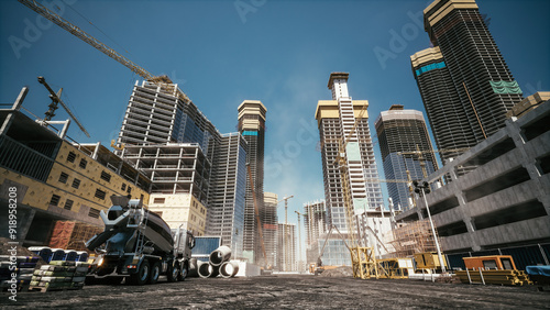 Large construction site. Construction of a modern district. Construction site of residential buildings. Construction process