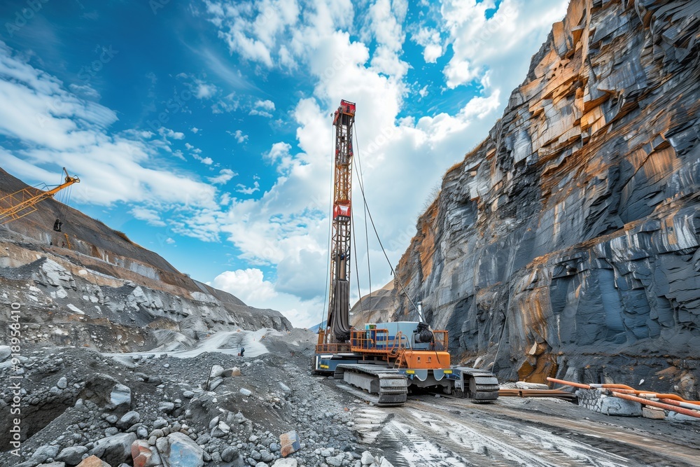 A large industrial drilling rig in a quarry with rocky terrain A large industrial drilling rig in a quarry with rocky terrain