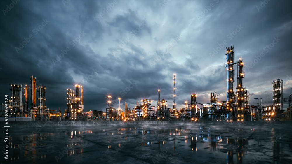 Oil refinery terminal. Power energy industry. Oil refinery factory with electric lights. Gas and oil refinery industrial complex with pipelines Oil refinery terminal. Power energy industry. Oil refinery factory with electric lights. Gas and oil refinery industrial complex with pipelines