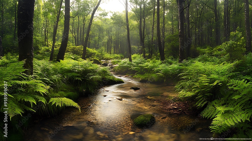Crystal clear stream winds through verdant woods, cascading over smooth rocks Crystal clear stream winds through verdant woods, cascading over smooth rocks