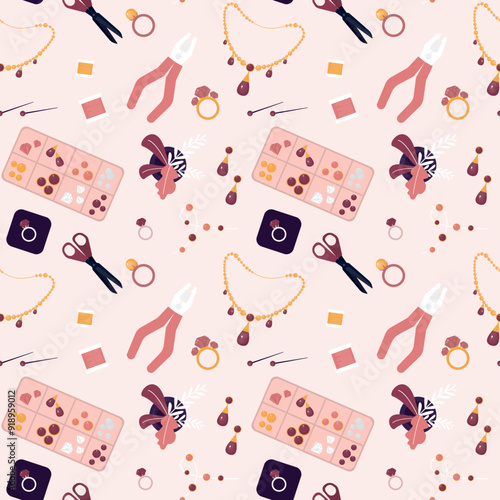 Seamless pattern with handle tools for makes jewelry by hand from precious metals, brilliants and diamonds. Texture, wallpaper template with jewelry equipment