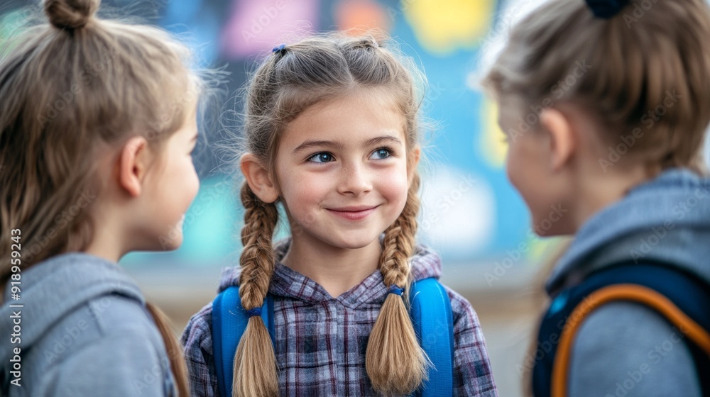 Three young girls are standing together, one of them smiling Three young girls are standing together, one of them smiling