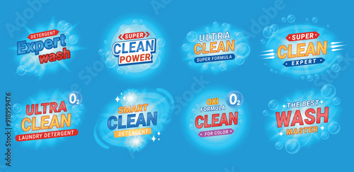 Detergent badge laundry cleaning service liquid soap ultra wash design template set isometric vector