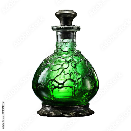 Beautiful Green Decorative Glass Bottle with Intricate Design Isolated Without Background.