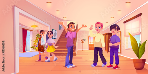 Teen friends meet in home hall interior. Happy smiling teenage kids inside house. Cartoon vector illustration of children spend time together with conversation and fun. Boys and girls at apartment.