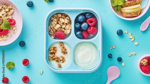 A balanced lunchbox with oatberry cocktail, yogurt, and snacks on a pastel blue background, perfect for school nutrition.