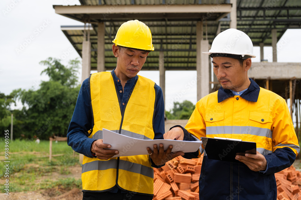 Two male architects wearing hard hats and safety vests discuss construction design on-site.collaborating with the contractor on the house structure, including iron framework, brickwork, and roofing. Two male architects wearing hard hats and safety vests discuss construction design on-site.collaborating with the contractor on the house structure, including iron framework, brickwork, and roofing.