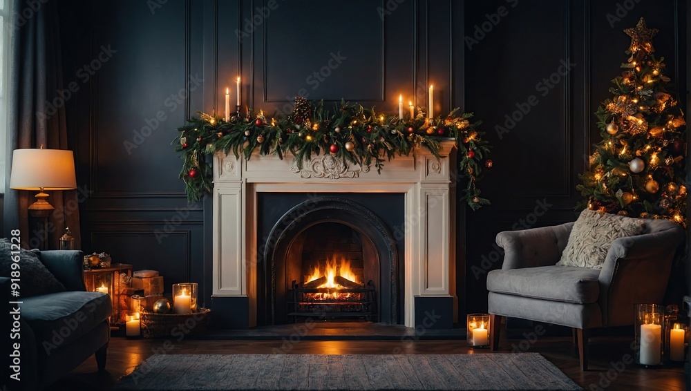 Cozy fireplace decorated with christmas garland in the traditional living interior Cozy fireplace decorated with christmas garland in the traditional living interior