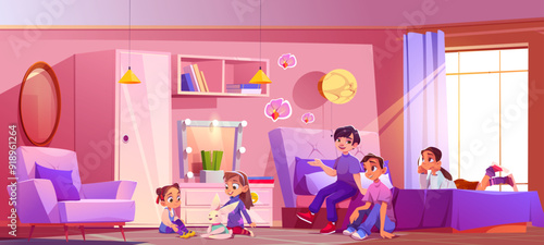 Children play and teenagers have conversation in kids bedroom interior with pink girly color. Cartoon vector illustration of boys and girls in home rest room with bed and armchair, cupboard and mirror