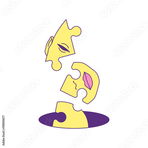 Y2k crush puzzle jigsaw cyber person head psychedelic contemporary pop art icon vector flat illustration. Surreal cracked piece human face falling down lost hope fail looser abstract t shirt print