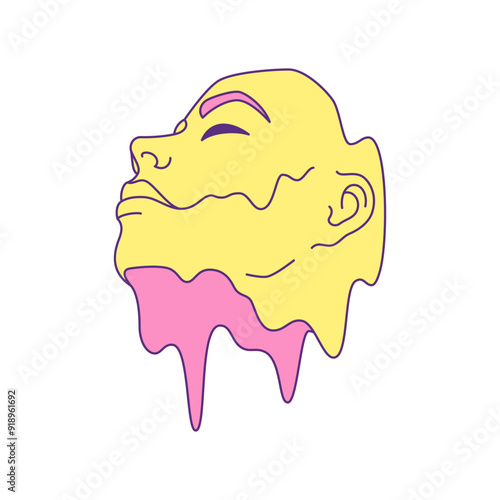 Y2k melting cyber person head liquid paint contemporary pop art icon vector flat illustration. Psychedelic cartoon human face vibrant colors science fiction weird surreal t shirt print