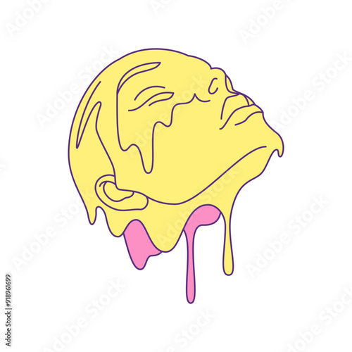 Y2k futuristic human head melting paint vibrant color contemporary pop art icon vector flat illustration. Psychedelic cyber man woman head with liquid chemical drop surreal comic fantasy t shirt print