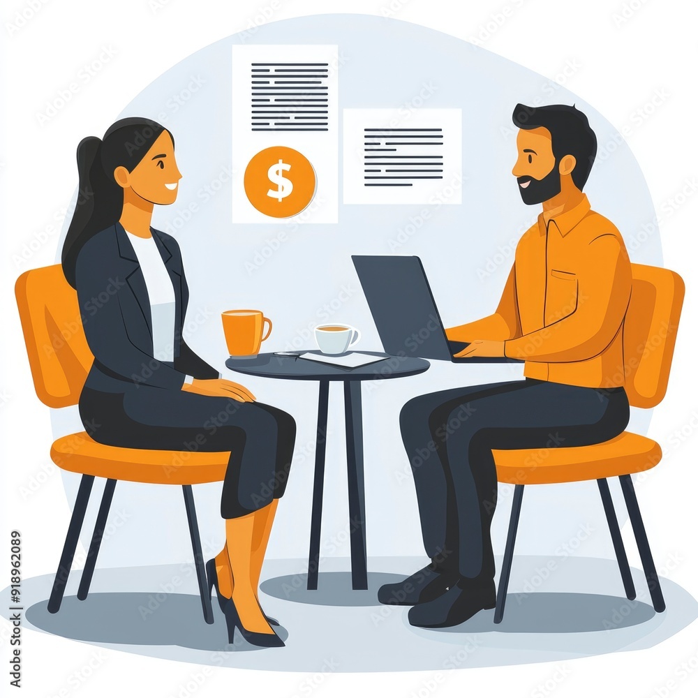Business Meeting, Two People Discussing Business Over Coffee, Man With Laptop, Woman In Suit Business Meeting, Two People Discussing Business Over Coffee, Man With Laptop, Woman In Suit