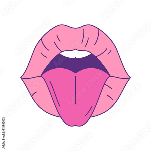 Y2k comic open pink woman lips showing tongue contemporary pop art icon vector flat illustration. Funky seductive female month with teeth creating playful emoji groovy retro t shirt print