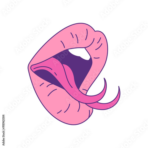 Y2k comic pink female lips with snake tongue psychedelic contemporary pop art icon vector flat illustration. Surreal woman seductive open mouth funky reptile viper cobra trendy t shirt print